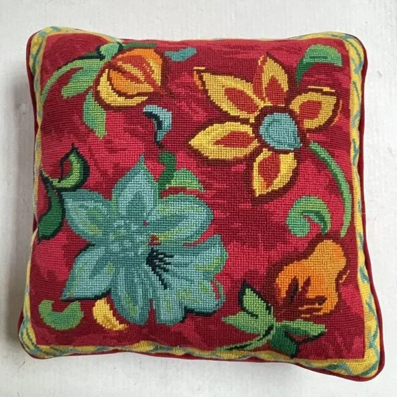 Vintage Needlepoint 15 Inch Pillow Retro Pink Red Black Flowers Velvet Colorful - Picture 1 of 6